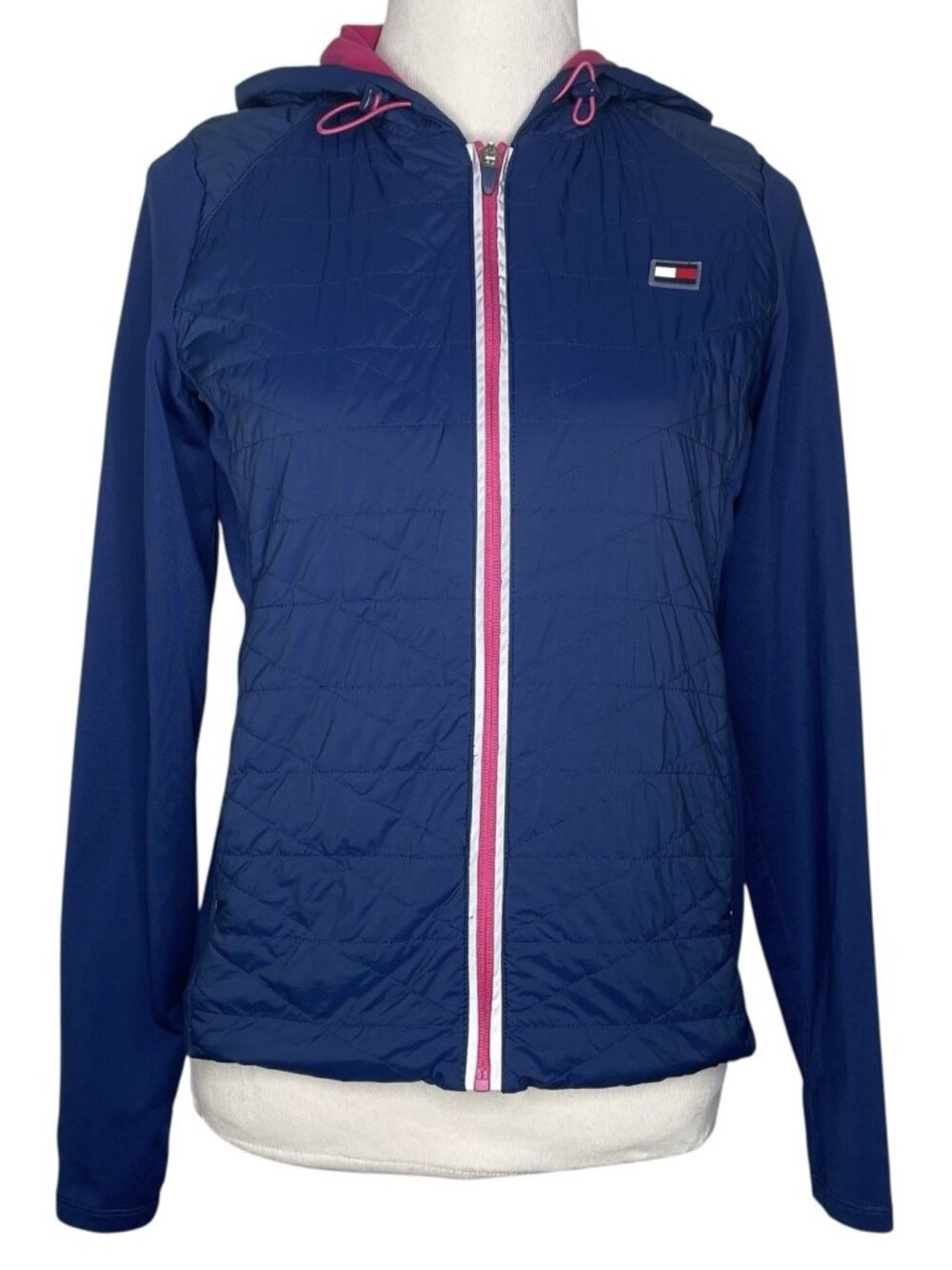 Tommy Hilfiger Womens Jacket Small Hooded Full Zip Thumbholes Blue Activewear